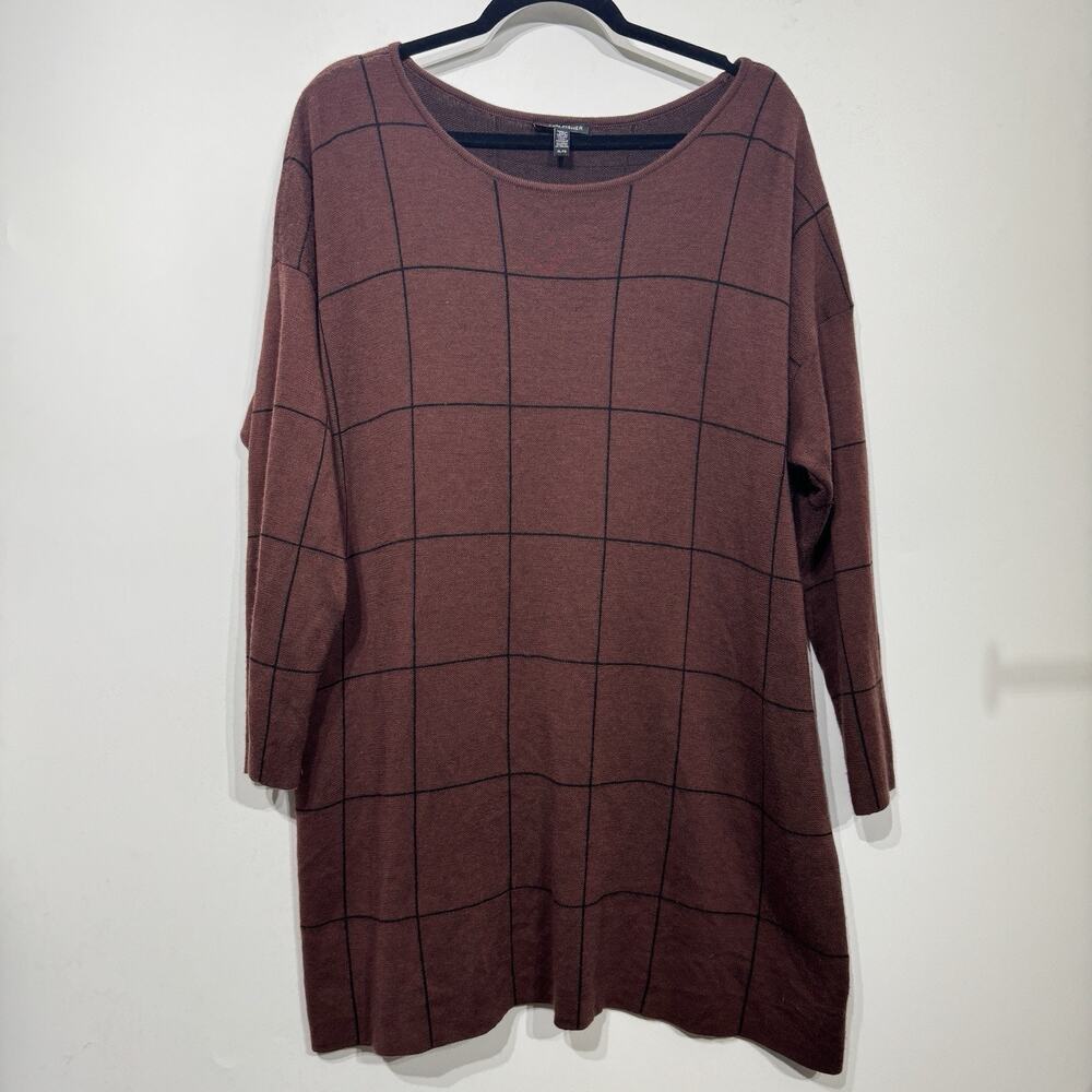Eileen Fisher Women's XL Merino Wool Windowpane Sweater Rust Brown Black Classic